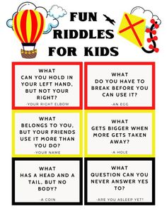 the fun riddles for kids game is shown in red, yellow and black colors