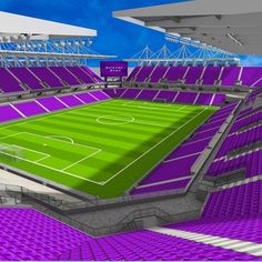 an artist's rendering of a soccer stadium with purple seats and a green field