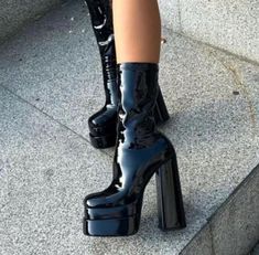 Heel Height is : 16 cm  Step up your style game with these bold and eye-catching platform heeled shiny black patent leather boots! Featuring a striking gothic retro design, these chunky high heels are perfect for anyone looking to make a statement. Whether you're hitting a party, attending a festival, or simply want to elevate your street style, these boots are guaranteed to turn heads. Made from high-quality patent leather, these shoes not only look fabulous but are comfortable enough for all-d Chunky High Heel Boots, Leather Boots For Women, Black Patent Leather Boots, Statement Shoes, Platform Heels Boots, Botas Chelsea, Patent Leather Boots, Statement Shoe, Chunky High Heels