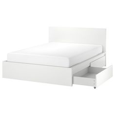 MALM high bed frame/2 storage boxes, white, Queen. A clean design that’s just as beautiful on all sides – place the bed freestanding or with the headboard against a wall. You also get spacious storage boxes that roll out smoothly on castors. Head/footboard: Particleboard. Ikea King Bed Frame, Ikea White Bed Frame, Bed Frame For Full Bed, Queen Size Bed Frame With Drawers, Ikea Malm White Bed, White Ikea Bedframe, White Double Bed With Storage, Cute Full Bed Frames, Malm Double Bed