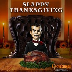 a thanksgiving card with a man sitting in a chair next to a turkey on a table