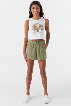 O'Neill Girl's woven pull-on short 2" Inseam Length, 10 1/2" Rise Length Paper Bag Elastic Waistband Front Hip Pockets 100% Cotton Crinkle Double Gauze Casual Tops With Elastic Waistband And Short Length, Casual Green Shorts With Short Inseam, Green Cotton Tops With Elastic Waistband, Green Short Length Tops For Vacation, Green Short-length Tops For Vacation, Flannel Outfits, Spring Suit, Flannel Pants, Denim Sweater