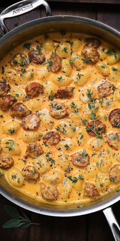 Creamy Butternut Squash Gnocchi with Sausage, Thyme, and Sage in a stainless steel pan Creamy Butternut Squash Gnocchi, Gnocchi With Sausage, Butternut Squash Gnocchi, Squash Gnocchi, Creamy Butternut Squash, Fall Soups, Fall Dinner