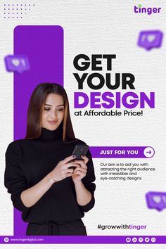 a woman is looking at her phone while standing in front of a purple and white background