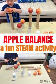 STEAM fall balance activity for kids. Practice balance, gravity, hands on learning, and impulse control. Fun DIY game for preschooler and toddler using apples! #preschool #todder #stayathomemom… More Using Apples, September Preschool, Preschool Fall, Preschool Stem, Apple Unit, Fall Preschool Activities