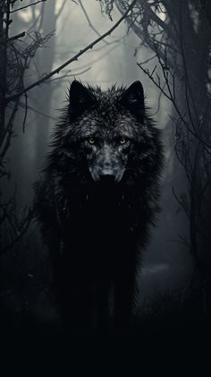 a black wolf standing in the middle of a forest with trees and fog behind it