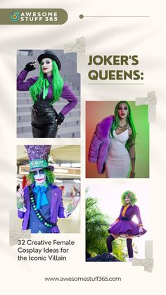 an advertisement for joker's queens featuring four women in costumes and one man with green hair