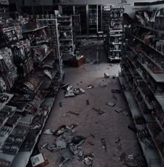 the floor is littered with debris and books in a store that's full of shelves