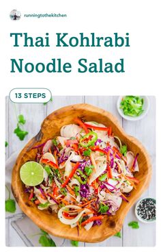 thai noodle salad in a wooden bowl