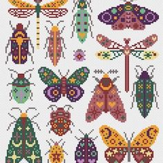 cross stitch pattern with different types of insects