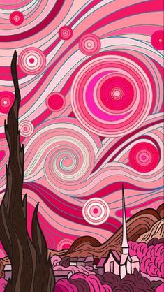 an abstract painting with swirls and buildings in the background, as well as pink clouds