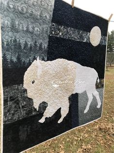 a quilted bison is hanging on a clothesline in a field with trees and grass