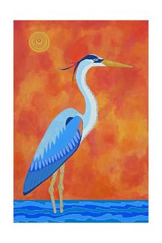 a painting of a blue heron standing in the water with an orange sky behind it