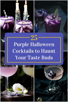 Collage of 4 purple halloween cocktails. Drink Dispenser Recipes, Gin Punch Recipe, Grape Cocktails, Easy Halloween Cocktails, Halloween Alcohol, Black Cherry Juice, Halloween Themed Drinks, Halloween Themed Snacks, Halloween Punch Recipes