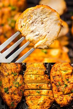 Chicken breast cooked in air fryer on a white rectangluar plate.