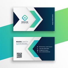 two sided business card with blue, green and white shapes on the front and back