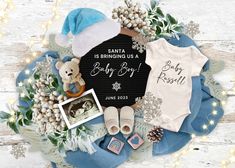 a baby boy announcement surrounded by christmas decorations