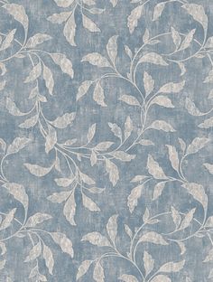 a blue and white wallpaper with leaves on it