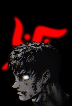 an anime character is staring at something with red light coming from his eyes in the dark