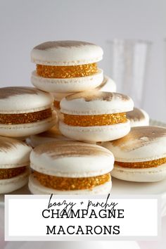 there are many different types of macarons on the plate with text overlay