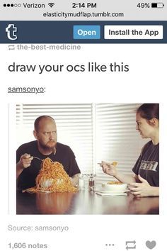 a man and woman eating noodles at a table with the caption draw your ocs like this