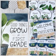 there are several pictures with plants and words on them that say good things grow in first grade