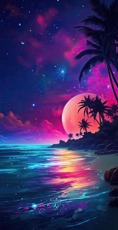 the night sky is full of stars and palm trees, while the sun sets over the ocean