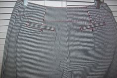 "Vintage Harve Benard striped cotton pants with red stitching, two back pockets. Waist measures 29\", hip 40\". overall length 40 1/2\". Perfect. No flaws of any kind. Stored with TLC Comes from a smoke-free home." Fitted Cotton Bottoms With Contrast Stripes, Striped Cotton Bottoms With Welt Pockets, Fitted Cotton Pants With Vertical Stripes, Cotton Pinstripe Bottoms With Pockets, Cotton Bottoms With Contrast Stripes For Work, Pinstripe Cotton Bottoms With Pockets, Pinstripe Cotton Pants With Welt Pockets, Cotton Pinstripe Pants With Welt Pockets, Fitted Pinstripe Cotton Pants