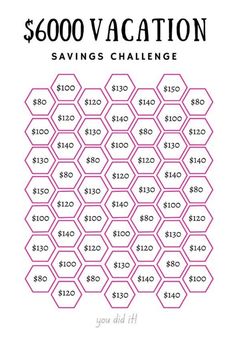 the $ 6000 vacation savings challenge is shown with pink hexagons on it