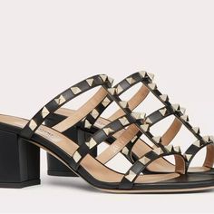 Rockstud Calfskin Leather Slide Sandal 60 Valentino Rockstud Heels, Rockstud Heels, Ankle Pumps, Bow High Heels, Heeled Mules Sandals, Patent Leather Loafers, Black Pumps Heels, Studded Heels, Bow Heels