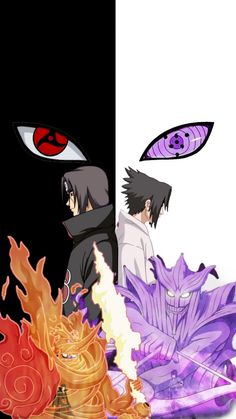 two anime characters standing next to each other in front of a black background with purple and red flames