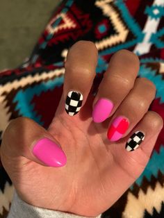 Neon Nails Checkered, Nails Design Checkered, Nail Designs Checkered, Checkered Flag Nails, Checkered Tattoo, 80’s Nails, Nails With Checkerboard, Checkered Nail Designs, Checker Nails