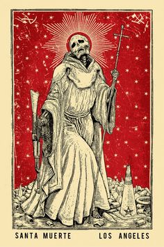 an image of the saint muerte in red and white with stars behind it