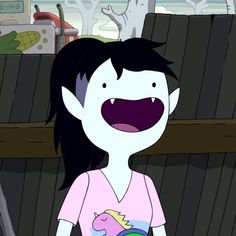 a cartoon character with an open mouth and black hair