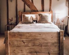 a bed with two pillows and a cat on it's headboard in a bedroom