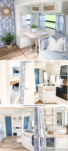 the inside of a camper with blue and white decor, including a couch, kitchenette, dining room table, and living room