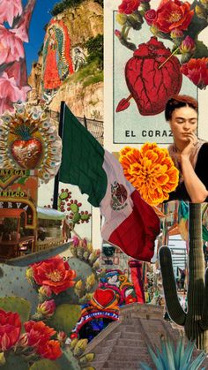 a collage of mexican flags, flowers, and cactuses is featured in this image