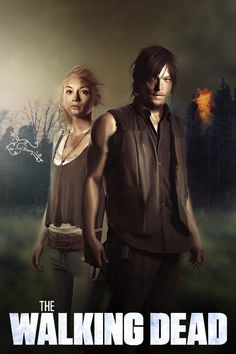 the walking dead poster with two people standing next to each other in front of a forest