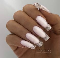 Silver French Nails, French Nail Ideas, Glitter French Nails, Nye Nails, Milky Nails, Ombre Nails Glitter, Diy Acrylic Nails, Ombre Acrylic Nails, Nails 2022