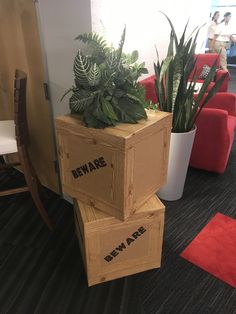 two wooden boxes with plants in them sitting on the floor