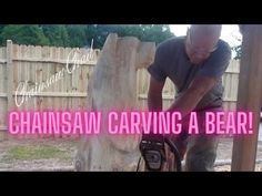 a man using a chainsaw to cut a bear's head into wood with the words chainsaw carving a bear