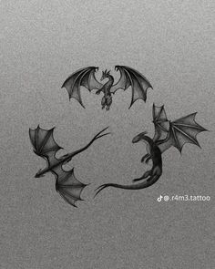 two black and white drawings of dragon flying through the air with their wings spread out