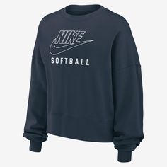 It's your game. Make sure everyone knows in this Nike fleece sweatshirt. Smooth on the outside, slightly fuzzy on the inside, our midweight semi-brushed fleece helps keep you cozy while still being breezy. Fall Sports Team Sweatshirt, Fleece Sportswear Sweatshirt For Fan Gear, Fleece Sweatshirt For Fan Gear In Sportswear Style, Fleece Sweatshirt For Fan Gear, Fall Season Team Logo Sweatshirt, Nike Crew Neck Hoodie For Sports Season, Nike Crew Neck Hoodie With Letter Print, Nike Relaxed Fit Graphic Sweatshirt, Nike Sweatshirt For Sports Season Fan Apparel