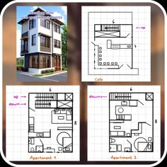 four different views of the same building and floor plans for each apartment, including one bedroom