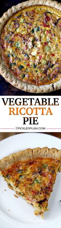 a vegetable and ricotta pie on a white plate with the title text overlay