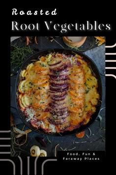 roasted root vegetables in a cast iron skillet on a black background with text overlay