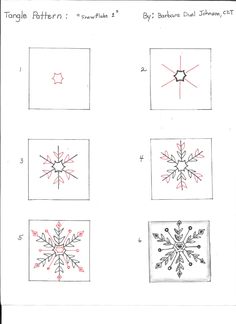 four square snowflakes are shown in red and white, with the same pattern on them