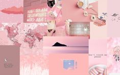 a collage of pink and white images