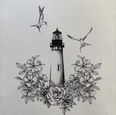 a black and white drawing of a lighthouse surrounded by flowers with birds flying around it