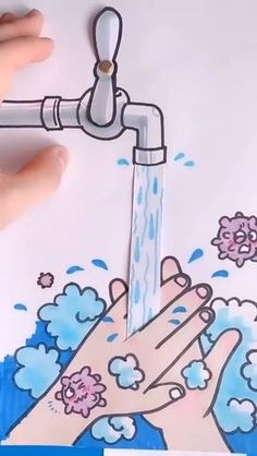 a drawing of someone washing their hands under a faucet with water coming out of it